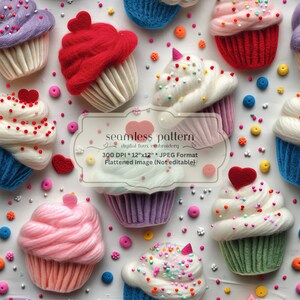 Diseño de patrones sin costuras de cupcakes, patrón sin costuras de San Valentín, patrón sin costuras 3D, patrón de repetición de impresión de bordado falso de cumpleaños digital