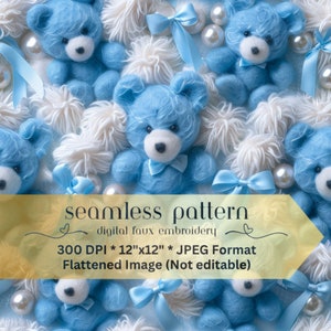 Blue Bows Bears Seamless Pattern, Blue Bows Pattern for Fabric Sublimation, Baby Boy Faux Embroidery, Blue Bears Digital Papers Digital File