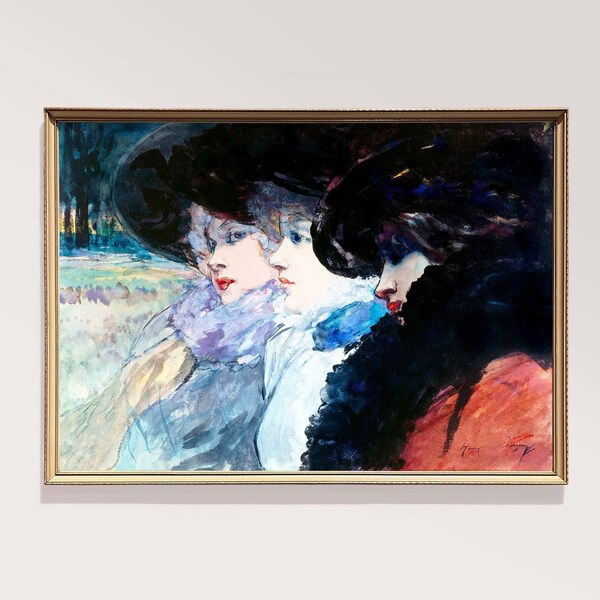 Art Women Best Friend Artwork Friendship Vintage Print Art Profile 3 Women Hat Wall Art Fashion Women Together Art Besties Fashionista Lady