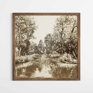 Stream Landscape Art Printable Vintage Tree River Landscape Etching Download Digital Wall Print River Foliage Stream Countryside Riverside