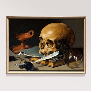 Skull Artwork Painting Still Life Art Print with Quill and Book Printable Download Vintage Spooky Halloween Creepy Digital Dark Wall Art