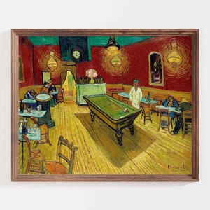 May include: A painting by Vincent van Gogh depicting the interior of a cafe with a pool table in the centre. The cafe is brightly lit with yellow walls and a red ceiling. There are several people sitting at tables, and one person is standing near the pool table. The painting is done in a style that is characteristic of van Gogh, with bold brushstrokes and vibrant colours.