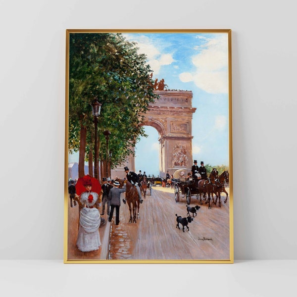 Arc de Triomphe Paris Monument Vintage Art Print Champs-Élysées Place Charles de Gaulle Arch of Triumph Printable Download Street Horse Dog