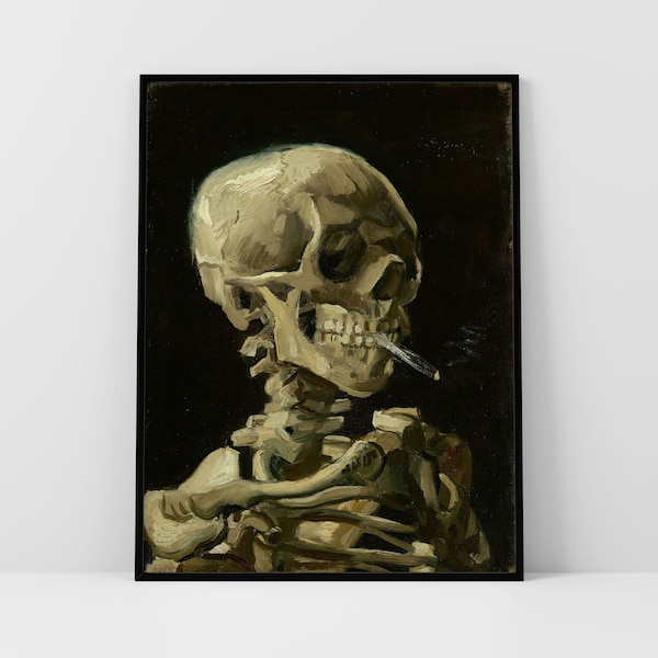 Cigarette Skeleton Smoking Skull Cigarette Art Vintage Print Download Van Gogh Printable Digital Artwork Spooky Art Dark