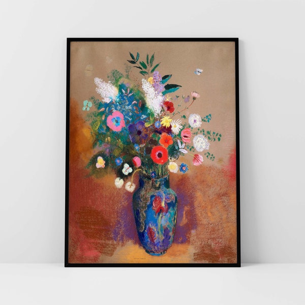 Floral Vase Art Print Botanical Flower Artwork Printable Digital Download Vintage Colorful Bouquet Painting Oil Pastel Blue Downloadable Art