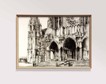Cathedral Architectural Facade Art Print Our Lady of Chartres Church France Printable Digital Download Building Architecture Vintage Etching