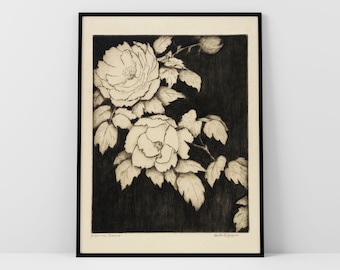 Peony Art Flower Print Artwork Printable Peonies Floral Digital Download Japanese Peony Wall Art Downloadable Botanical Vintage Etching