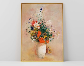 Floral Vase Art Print Botanical Flower Artwork Printable Digital Download Red-Orange Vintage Colorful Bouquet Oil Painting Downloadable Art