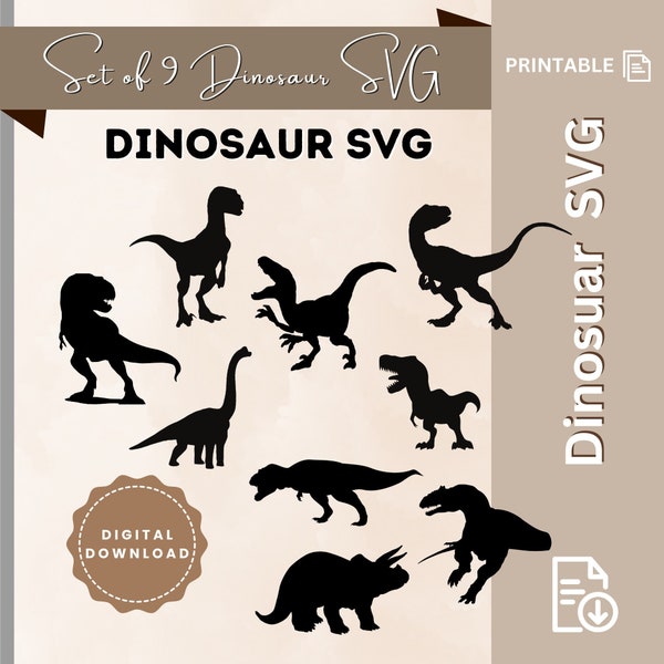 Set of 9 Cute Dinosaur svg bundle, Dinosaur clipart png | dinosaur silhouette svg | kids dinosaur svg | dino svg