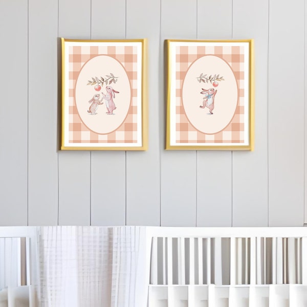 Bunny rabbit cottagecore gingham plaid pink nursery prints, vintage bunny rabbit nursery wall art