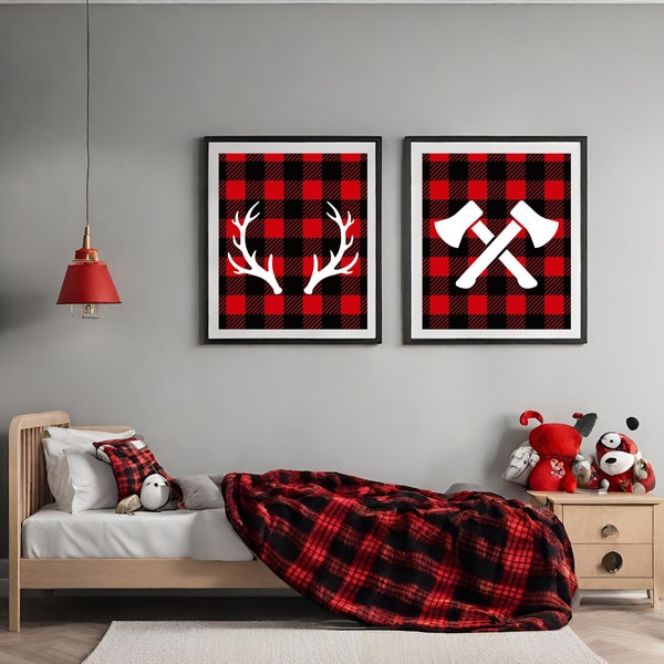 Personalized Lumberjack Nursery Wall Art Set - Deer Antlers, Axes, and "Lumberjack's Little Lodge" - Custom Baby Name Decor - Buffalo Plaid