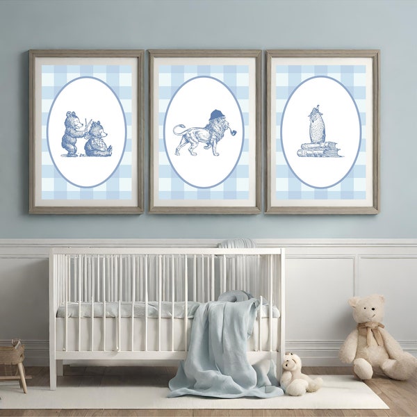 Storybook Plaid Blue Animal Nursery Wall Art - Set of 6 Characters, Vintage cottage farmhouse gingham nursery prints for new parents-boy mum