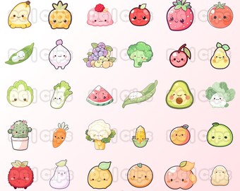 Kawaii Food Clipart, 30 Fruits and Vegetables PNG Bundle, Cute Kawaii Designs, Perfect for Planner Stickers, Scrapbooking, Commercial Use