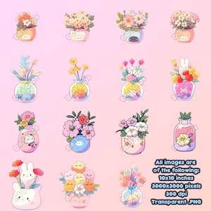 Blumenvase Clipart, PNG Bundle, süße Kawaii Designs, Blumen Clipart, perfekt für Karten, Muttertag, Hochzeiten, Scrapbook, kommerzielle Nutzung
