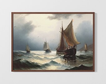 Vintage Stormy Seascape Sailing Ship | Printable Wall Art | Digital Download | Wall Print | 19th Century Oil Painting | Antique Style Art