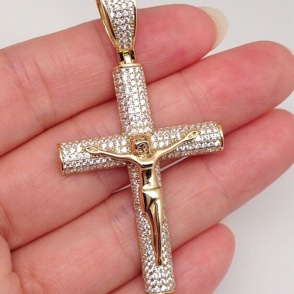 1.67in Men's Jesus Crucifix Cross Pendant 925 Sterling Silver, Cubic Zirconia Diamond Gold Crucifix Pendant for Men 42.5mm(1.67") /57mm2.24"