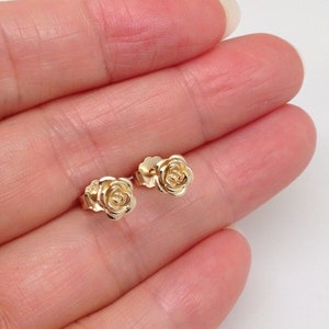 5.5mm Gold Rose Stud Earrings 925 Sterling Silver, Tiny Dainty Plain Rose Flower Post Studs Gold Plated 5.5mm(0.22")