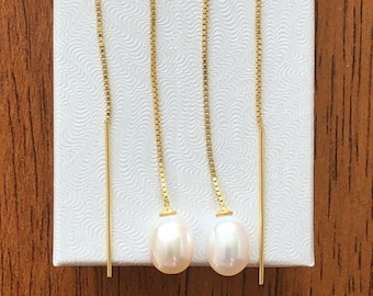 2.83in Freshwater Pearl Threader Earrings 925 Sterling Silver, Oval Pearl Threader, Gold Threader Earrings, 72mm(2.83") x7.8-8mm