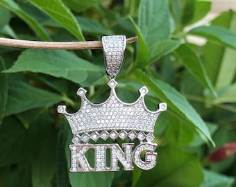 23.5mm/0.93in Silver King Pendant Sterling Silver 925, Cubic Zirconia, Crown & King Pendant for Men, Pave Pendant, 35mm/1.38"