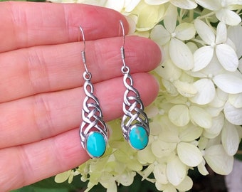26mm/1.02in Silver Turquoise Celtic Drop Earrings Sterling Silver 925, Celtic Knot Dangle Earrings, 45mm/1.78", Synthetic Turquoise 8mm
