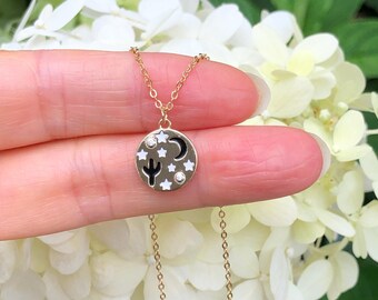 11mm/0.43in Gold Cactus Moon Stars Necklace Sterling Silver 925, Gold Plated, Cubic Zirconia, Tiny Desert Medallion Necklace, 16-18"