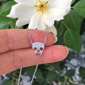 Puede incluir: Un collar de cadena de plata con un peque&ntilde;o colgante de calavera brillante. La calavera est&aacute; hecha de piedras de circonita c&uacute;bica transparentes.