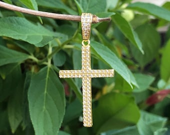 29mm/1.14in Gold Cross Pendant Sterling Silver 925, Gold Plated, Cubic Zirconia, Pave Cross Pendant for Men, 39mm(1.54") x2.9mm