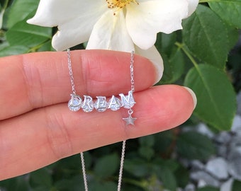 20mm/0.79in Silver Dream Script Necklace Sterling Silver 925, Cubic Zirconia, Star Charm & Dream Necklace, 15.5" SHORT