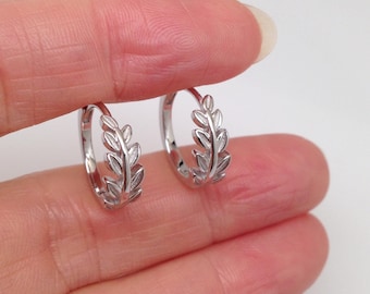 15mm/12mm x4.9mm Silver Leaf Vine Huggie Hoop Earrings Sterling Silver 925, Plain Leaf Vine Huggie Hoops for Women Girls