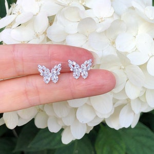 12mm/0.47in Silver Butterfly Stud Earrings Sterling Silver 925, Cubic Zirconia Marquise Butterfly Studs, Big Butterfly Studs