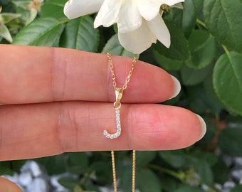 9mm Gold Initial J Necklace Sterling Silver 925, Gold Plated Dainty Initial Letter J Necklace with Cubic Zirconia for Women Girls, 16-18&quot;