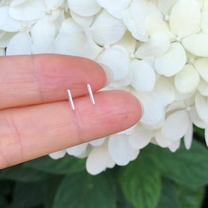 May include: A pair of silver bar stud earrings. The earrings are small and delicate, and they are perfect for everyday wear.