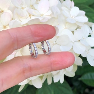 13mm/10mm x1.8mm Silver All Around Hoop Earrings Sterling Silver 925, Cubic Zirconia Bezel Set Huggie Hoops, Small Hoops for Women Girls
