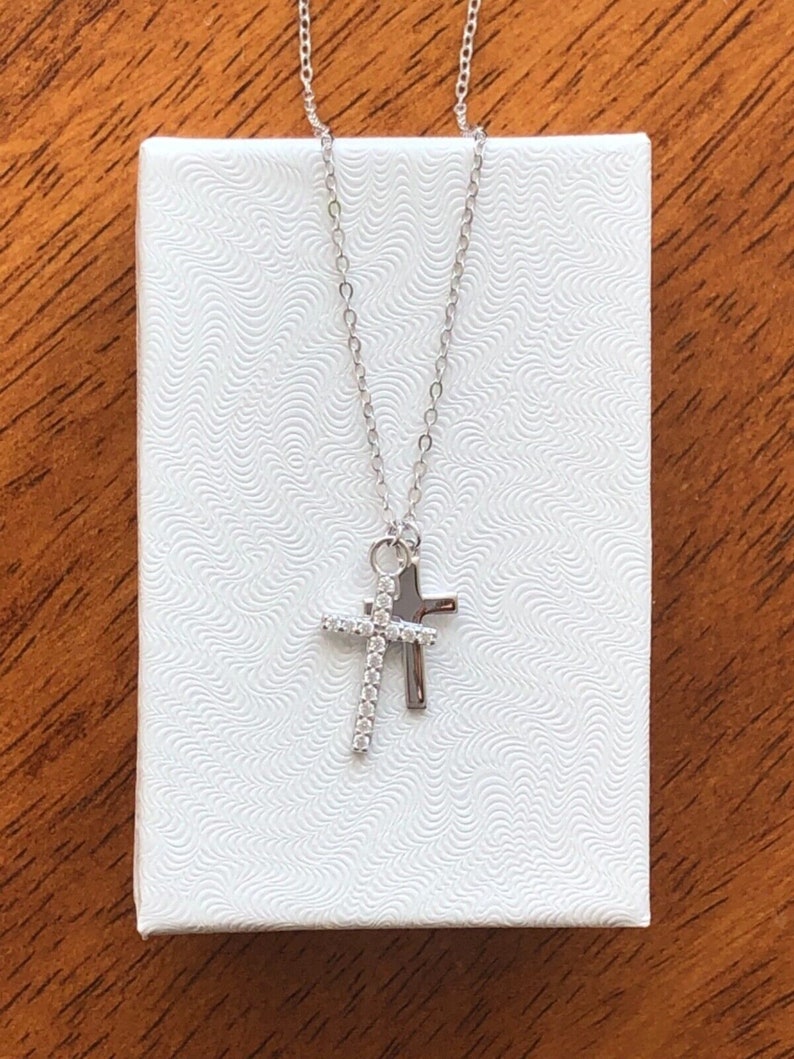 0.59in Cz Double Cross Necklace 925 Sterling Silver, Plain and Cz Cross