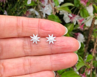 9mm Silver Sunburst Stud Earrings Sterling Silver 925, Cubic Zirconia, Tiny Studs, Dainty Sun Earrings, Gift for Her