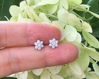 6mm Silver Flower Stud Earrings Sterling Silver 925, Cubic Zirconia, Pave Flower Studs, Tiny Dainty Flower Stud Earrings