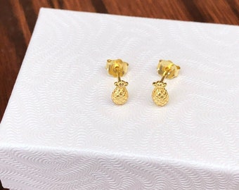5.5mm Gold Pineapple Stud Earrings 925 Sterling Silver, Dainty Pineapple Post Studs, Mini Stud Gold Plated 5.5mm(0.22")
