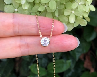 7mm Gold Bezel Solitaire Necklace Sterling Silver 925, Gold Plated, 1Ct 6.5mm Cubic Zirconia, Dainty Round Necklace, 16-18"