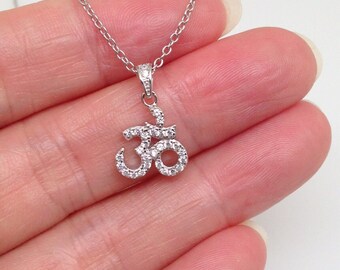 0.39in Tiny Cz Om Necklace 925 Sterling Silver, Small OM Aum Pendant Charm Necklace Womens 10mm(0.39") 16-18”