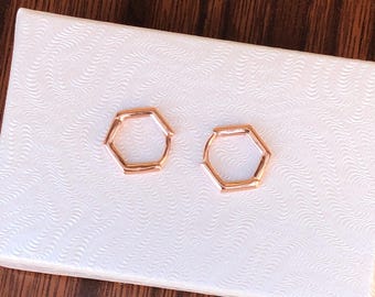 12mm/9mm x1.5mm Rose Gold Hexagon Huggie Hoop Earrings Sterling Silver 925, Rose Gold Plated, Tiny Plain Hoops