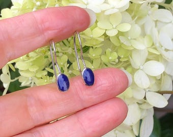 7.5mm Silver Blue Lapis Dangle Earrings Sterling Silver 925,  Blue Lapis Drop Earrings, Dainty Oval Lapis Earrings, 21mm/0.83", Synthetic