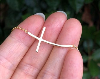 30mm/1.18in Sideways Gold Cross Necklace Sterling Silver 925, Gold Plated, Plain Curved Cross Necklace Women Girls, 17.125”