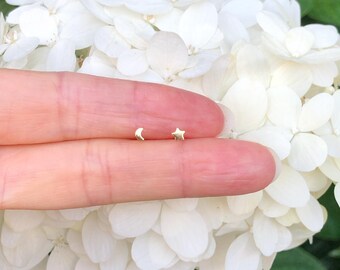 2.8mm Gold Star and Moon Stud Earrings Sterling Silver 925, Gold Plated, Dainty Star & Moon Studs, Mismatched Earrings,