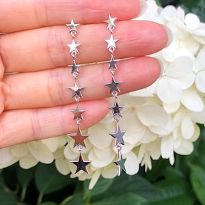 2.4in/61mm, Silver Star Drop Earrings Sterling Silver, Graduated Star Earrings, Long Stud Earrings, 9mm/4.5mm