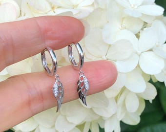 28mm/12mm Silver Angel Wing Dangle Hoop Earrings Sterling Silver 925, Cubic Zirconia, Angel Wing Huggie Hoops, 12mm/9mm