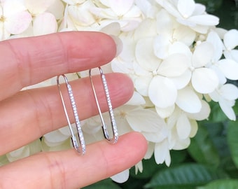 30mm/1.18in Silver Safety Pin Hoop Earrings Sterling Silver 925, Cubic Zirconia, Pave Safety Pin Drop Earrings for Women Girls, 30x8.5x1mm