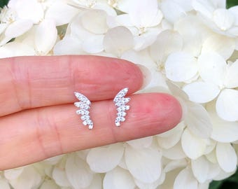 12mm/0.47in Silver Angel Wing Stud Earrings Sterling Silver 925, Cubic Zirconia, Pave Studs, Tiny Wing Earrings for Women Girls