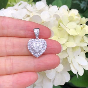 15mm/0.59in Silver Puffed Heart Pendant Sterling Silver 925, Cubic Zirconia Pave Heart Pendant, Small Heart Pendant for Women her 23mm/0.91&quot;