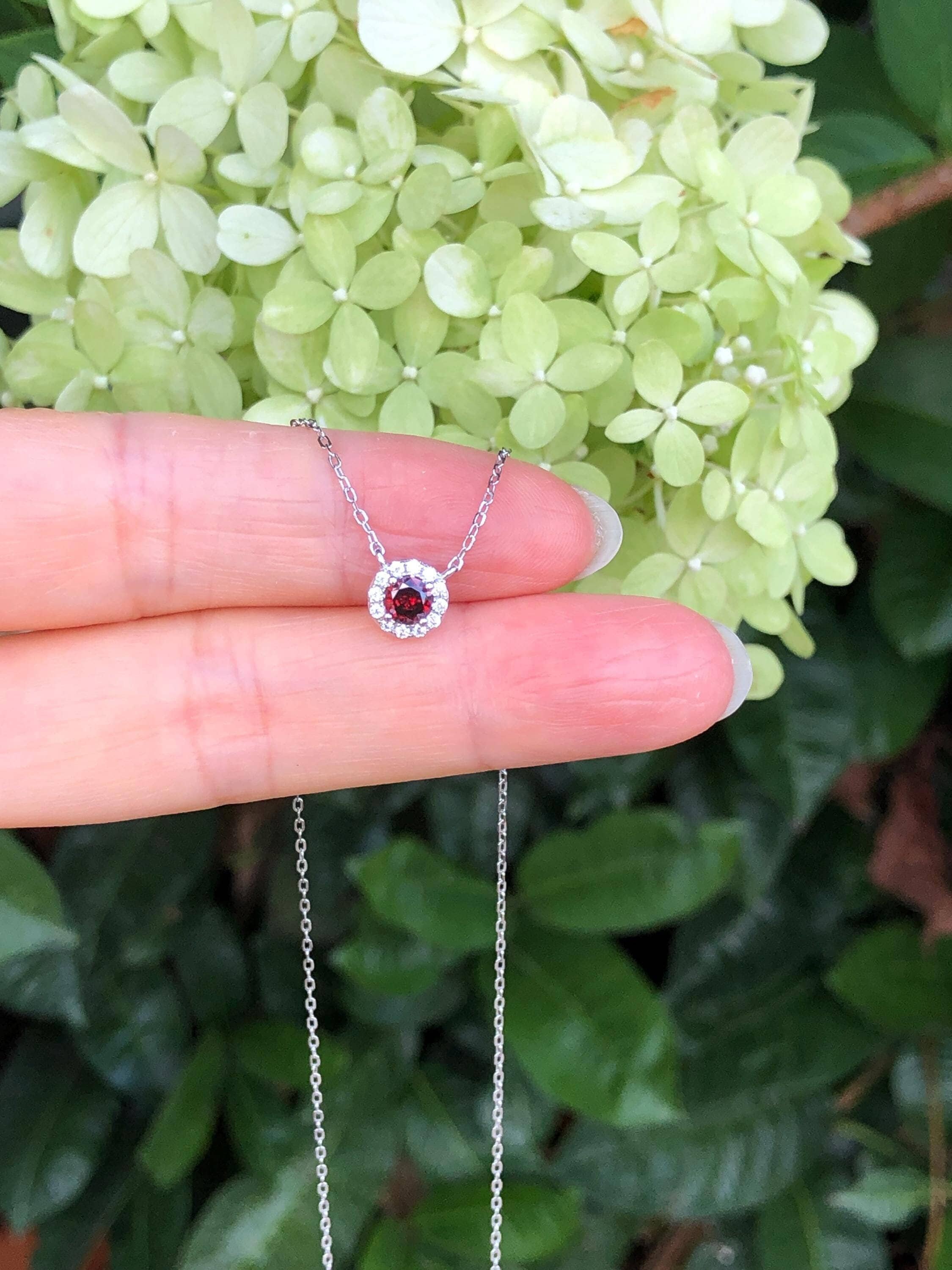 6mm Silver Red Ruby Halo Necklace Sterling Silver 925, Cubic Zirconia Round Necklace, Dainty Halo Necklace Women Girls 15.5-17.5", Synthetic