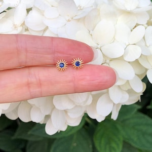 May include: A pair of gold earrings with a small blue gemstone in the center of each earring. The earrings are shaped like a sun with small rays extending from the center.